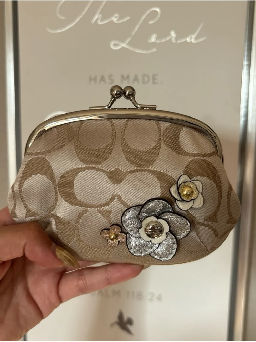 Coach Beige Signature Floral Kiss-Lock Coin Pouch